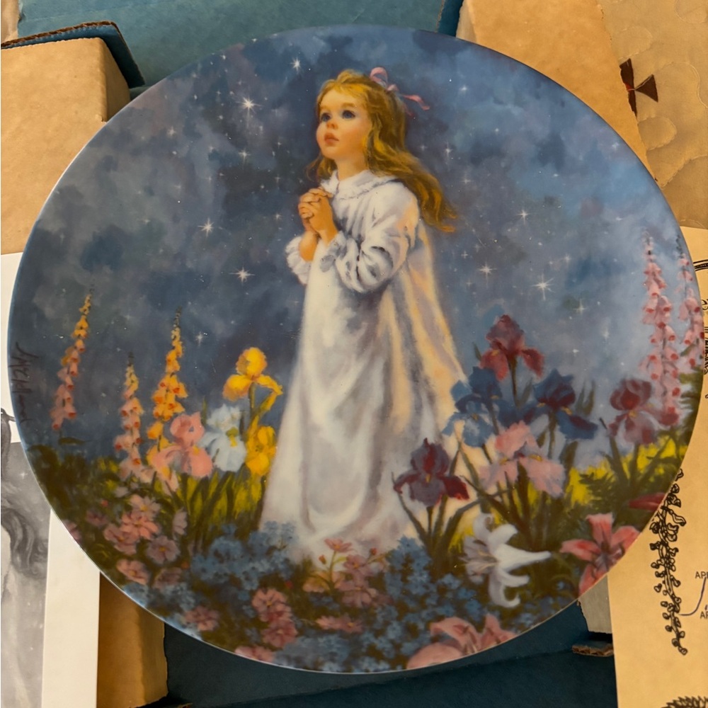 Decorative Plate with Praying Girl and Floral Design